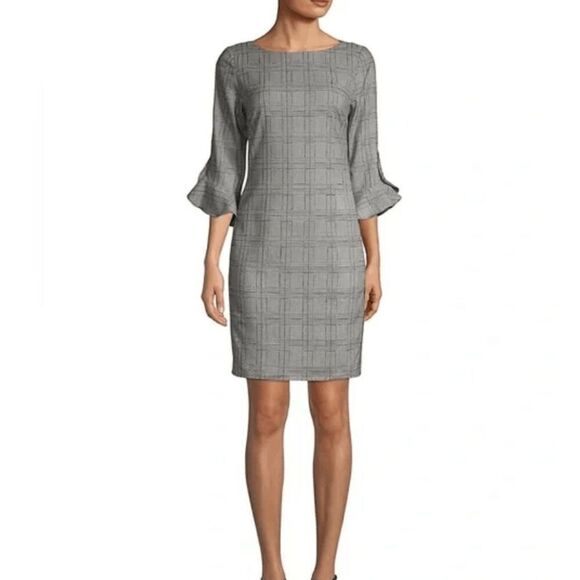 NWT Karl Lagerfeld 3/4 Tulip Sleeve Houndstooth Plaid Sheath Dress Size 2 - Picture 1 of 16